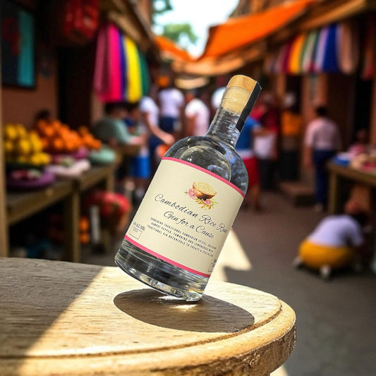Bottle of Cambodian Rice Run gin on a wooden surface with a market background