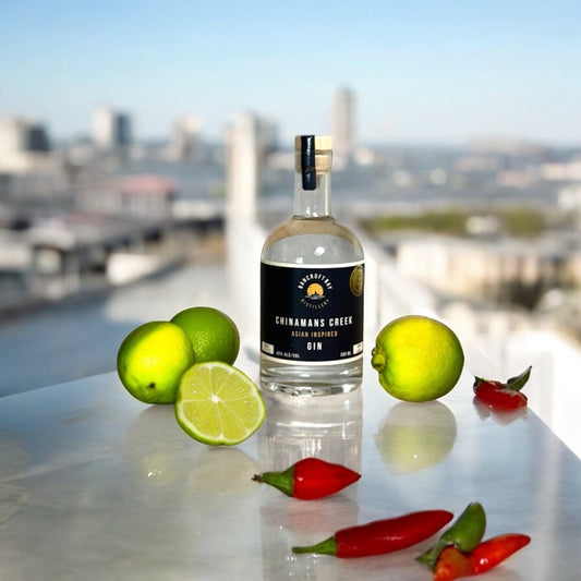 A bottle of Chinamans Creek Asian Inspired Gin East Gippsland Distillery Metung