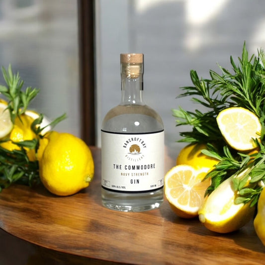 A bottle of 'The Commodore Navy Strength Gin' East Gippsland Distillery Metung