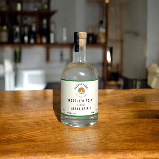 A bottle of Mosquito Point Blanco Agave Spirit Tequila East Gippsland Distillery Metung